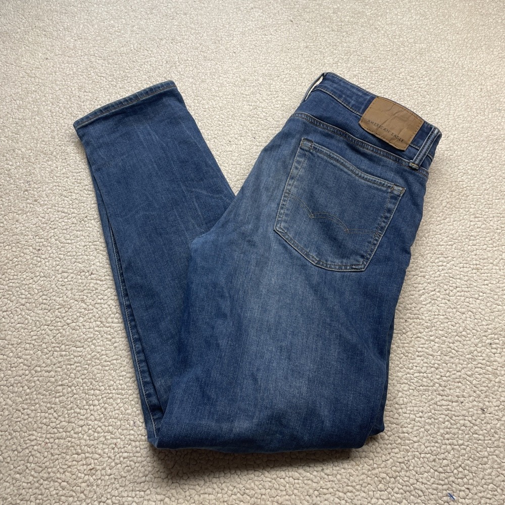 American Eagle Jeans Mens 34x32 Blue Slim Fit AirFlex Whiskered‎ Denim Pants